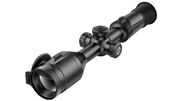 Digital riflescope with adjustable magnification and lens cover, designed for day and night use.